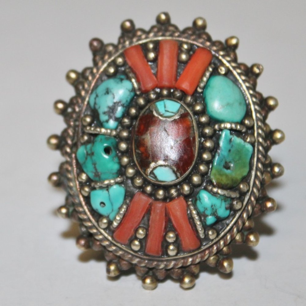 Heavy 925 Zuni Navajo Spiny Oyster Coral Turquoise Cinnabar Native American Ring - Picture 4 of 12
